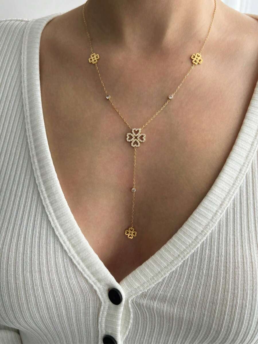 TONSI 1 件时尚奢华简约 18K 镀金不锈钢锆石四叶花串珠流苏项链，Y 形四叶草吊坠项链，颈链，适合女性日常、约会、派对场合 - 金色 - 查看 1