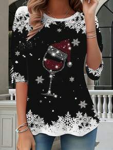 Fashionable Casual Vacation Style Elegant Women's Versatile Slim Fit Outdoor, Home, Travel, Work Preferred Women's Autumn/Winter Round Neck Christmas Versatile Home Wine Glass Print Casual Long Sleeve T-Shirt Top