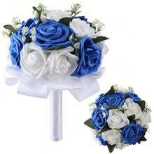 1 束优雅的海军蓝和白玫瑰新娘花束，配缎带，适合新娘、伴娘、花童、草坪婚礼，人造 PE 泡沫玫瑰花束，永生花 PE2418C - 手捧花 - 查看 6