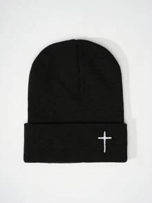 1 Stück Kreuz bestickter gestrickter Beanie, Y2K Stil Outdoor warmer Lässig vielseitiger Winterhut, geeignet für den täglichen Gebrauch