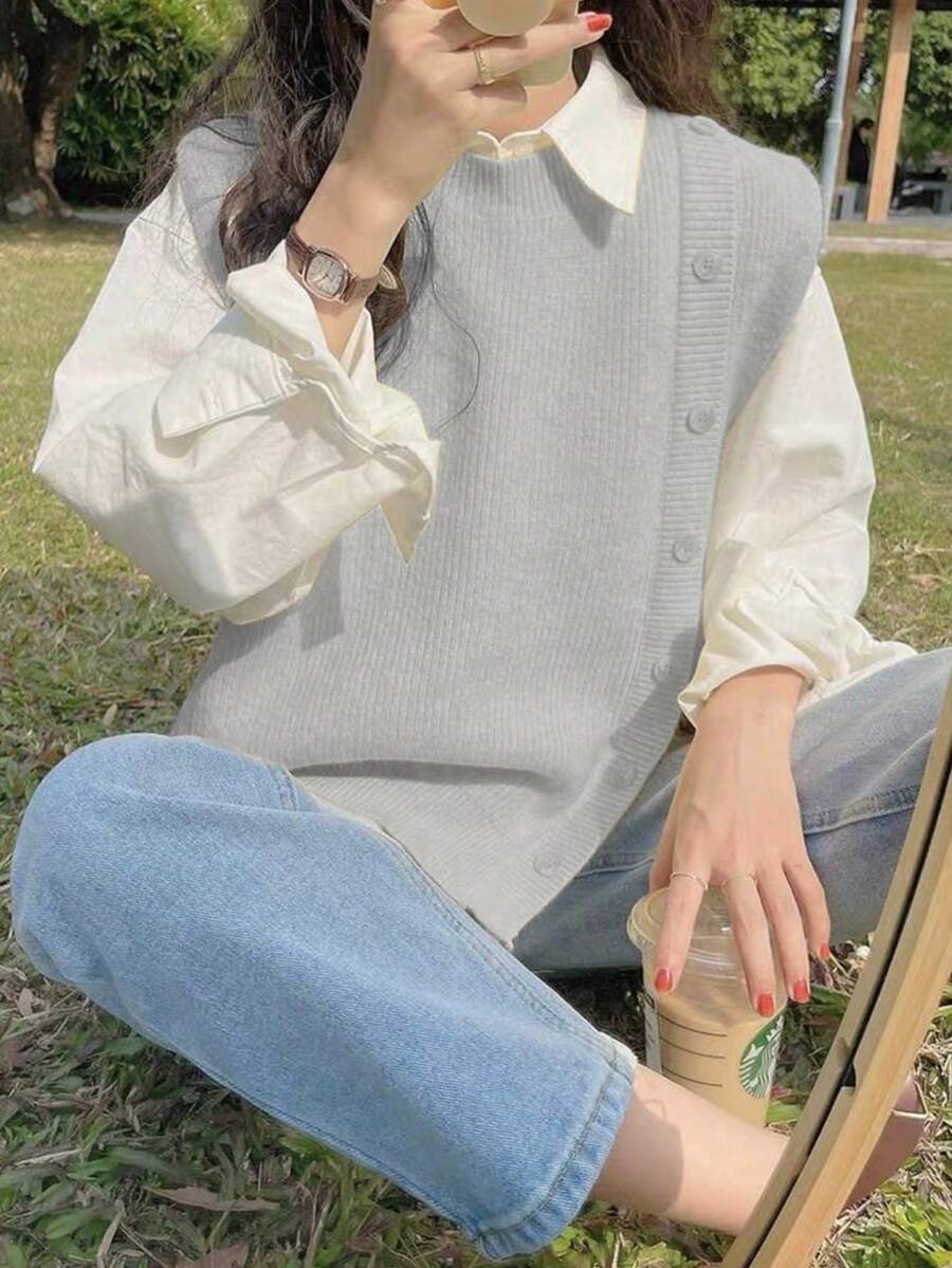 Sylvia 女士无袖圆领柔软针织背心,侧开衩设计,适合春、秋、冬季穿着,可搭配衬衫,休闲、温柔、轻松、少女风,适合日常、通勤、下午茶、旅行等场合。 - 淺灰色 - 查看 1