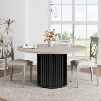 47" Round Dining Table For 4-6 People, Dining Room Table With Sturdy Waveform Metal Pedestal Base, Farmhouse Circle Kitchen Table For Dining Room, Kitchen