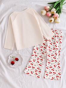 2pcs Baby Girls Lightweight Cherry Random All-Over Print Top And Pants Set, Cute & Outfit For All Seasons - Apricot - View 2