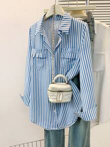 女式条纹翻领衬衫，带口袋，长袖纽扣衬衫，适合秋冬春季商务休闲、办公室、家居和日常穿着 - 藍色 - 查看 1
