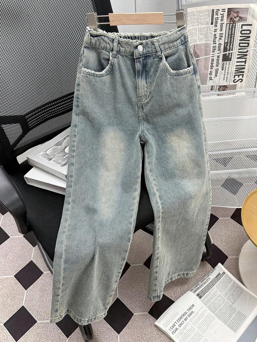 1pc Girls Casual Minimalist Street Style Comfortable Denim Jeans, Spring/Autumn - Light Wash - View 1