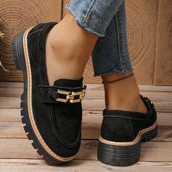 Damklack med klack och slip-on-skor, preppy stil, enfärgad, metallisk accent, lämplig för kontor och hem