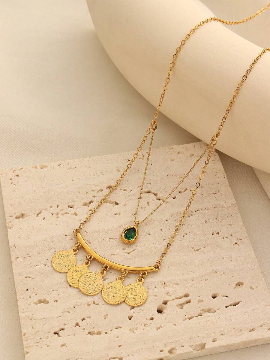 1pc Vintage Cute Copper Alloy Gold-Plated Coin Tassel Water Drop Pendant Necklace, Suitable For Women's Daily Wear And Holiday Gifts