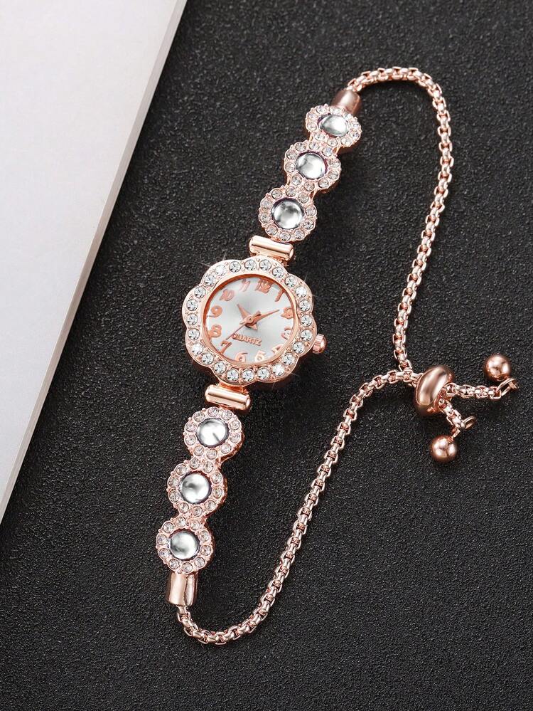 1 件女士时尚镶钻表盘优雅石英手链手表，不含表盒 - 玫瑰金 - 查看 7