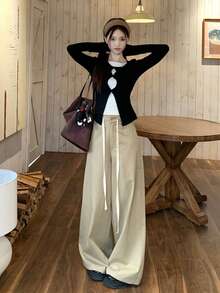 Sweet & Hot Girl Design 2 In 1 Hollow Long Sleeve Polka Dot Fitted Blouse - Black - View 8