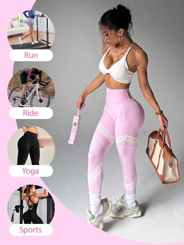 Calça Legging Skinny de Ioga de Cintura Alta com Recortes em Tela Rosa, com Tonalidade de Cor Fresca e Design Único, Confortável e Amigável à Pele para Ioga, Fitness e Outros Esportes, Também Pode Ser Usada em Passeios Casuais e Reuniões Sociais para Exibir Vibes