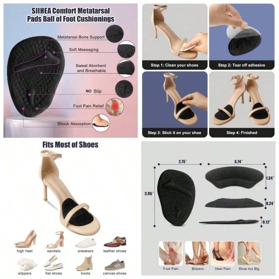 Metatarsal Pads Ball Of Foot Cushions, Heel Inserts Women, Foot High Heel Comfort Shoe Filler, Heel Pads Grips Shoe Too Big, Loose Shoes, Blisters Beige+Black - 2pairsblack - 查看 1