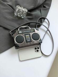 1个新款收音机造型手提包，时尚音乐元素盒子包，趣味礼物，独特扬声器设计斜挎包，男女皆宜 - 槍色 - 查看 4