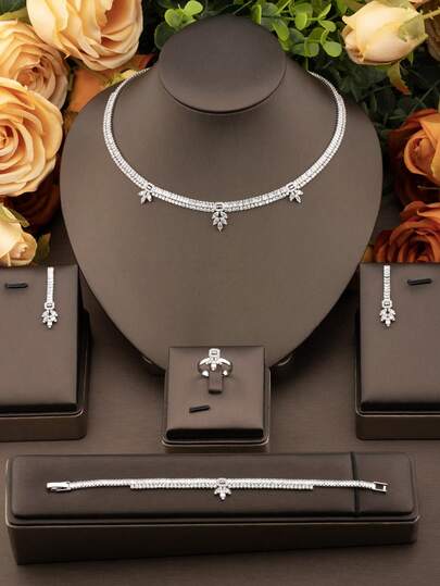 1 Set Luxury Elegant Cubic Zirconia Inlaid Leaf Design Jewelry Set, Includes 1 Pair Earrings, 1 Necklace, 1 Bracelet, 1 Ring, Suitable For Women Wedding Party, Excludes Gift Box