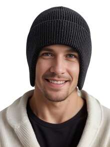 1PC Men's Winter Thick Knit Earflap Beanie Hat, Outdoor Cold-Proof Warm Headwear, Suitable For Autumn/Winter - Solid Color - View 3