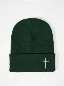 1 Stück Kreuz bestickter gestrickter Beanie, Y2K Stil Outdoor warmer Lässig vielseitiger Winterhut, geeignet für den täglichen Gebrauch