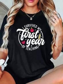 I Survived My 1st Year Of Teaching New Teacher T-Shirt For Men Women - 100% Cotton Graphic Tees Women, Womens Relaxed Fit Clothing For All Seasons - 黑色 - 查看 6
