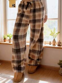 Modische Damen Vintage-Karo Thermofutter Hohe Taille Lockere Weite Beine Verdickt Bequeme Warme Lässige Loungewear Hose für Herbst/Winter - Verschiedenfarbig - Übersicht 3