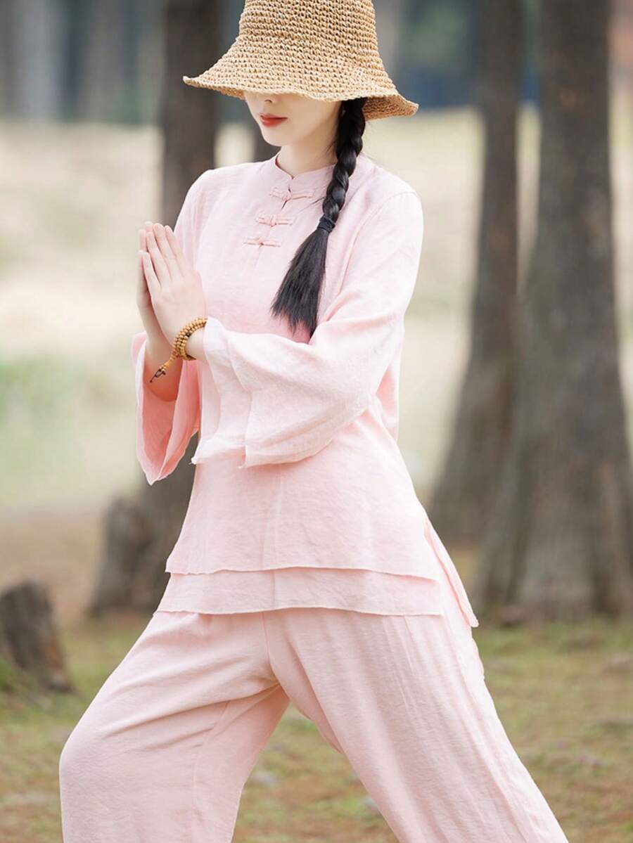 LUCIDVUE 两件套女士白色改良汉服套装，中式不对称设计唐装，复古纽扣喇叭袖亚麻上衣和休闲灯笼裤，适合春夏禅茶道、瑜伽、太极等活动，粉色 - 粉色 - 查看 1