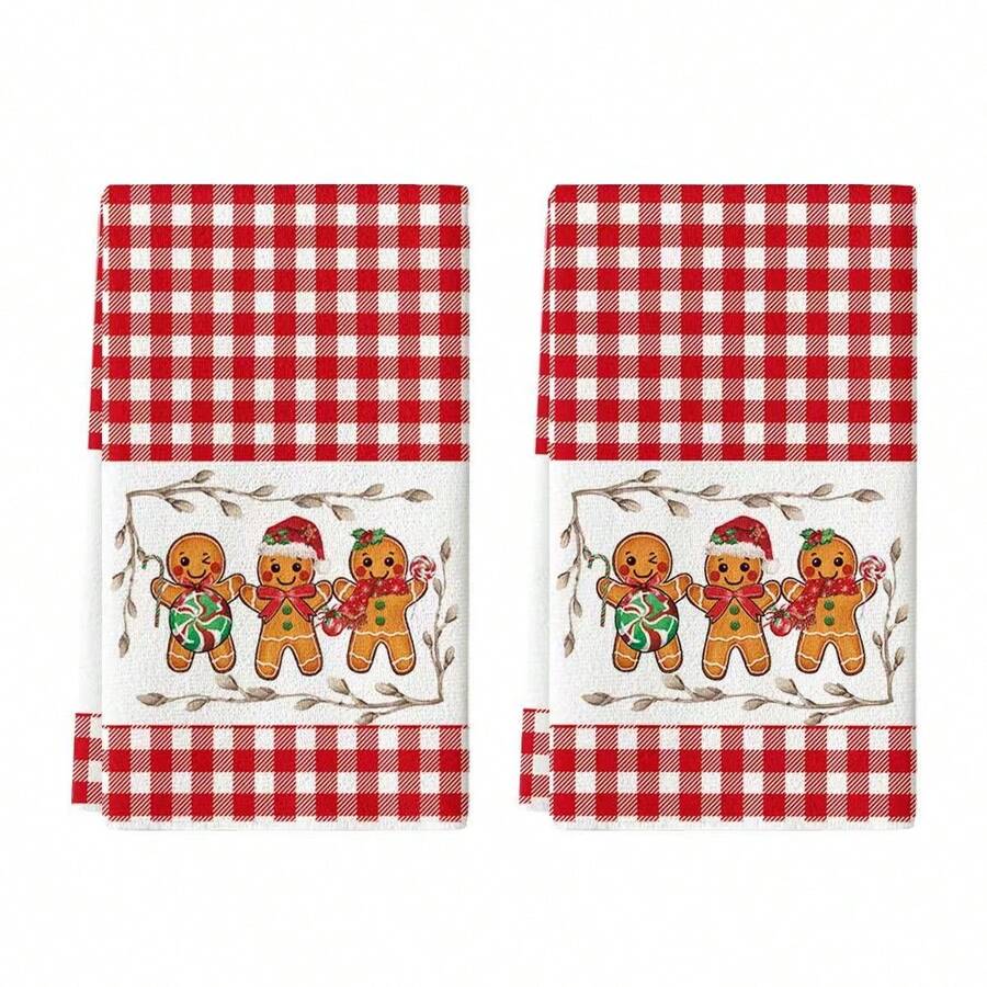 1 pieza/2 piezas/4 piezas Toalla de limpieza de cocina súper suave de microfibra con diseño de pan de jengibre, cuadros escoceses y rayas, de 45*66cm, decoración de cocina navideña, paño de platos, decoración navideña para el hogar, regalo de inauguración de casa para el baño