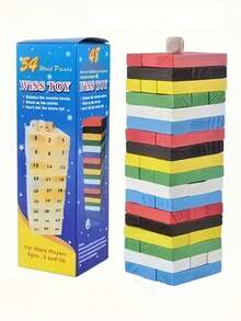 Wooden Tower Game For Kids Ages 6-12 - Classic Building And Knocking Down Block Set, Educational Development Of Creativity, Math & Spatial Skills, Multicolor - Multicolor - View 1