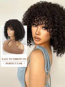 nimoki Peruka afro kręcona 12 cali, krótka peruka z kręconymi włosami i grzywką, ciemnobrązowa peruka z syntetycznych włosów do codziennego użytku - Ciemny brąz - Zobacz 9