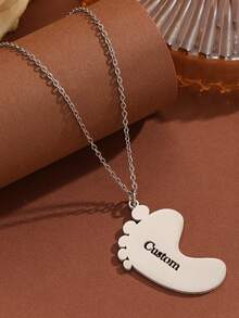Personalized Name & Child Footprint Pendant Necklace - Stainless Steel, Fashionable Jewelry Gift - One Size - View 5