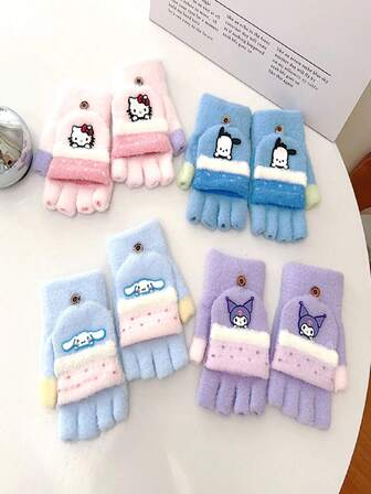 Sanrio 1pc Sanrio Cartoon Flip-Top Fingerless Knitted Warm Gloves, Cute & Thick Thanksgiving Christmas Winter Holiday Outfit Women
