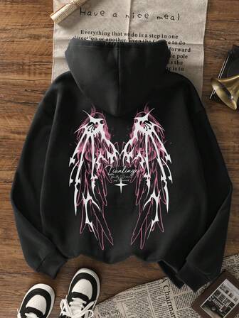 Dam Retro American Svart Rökbensmönster Spur Wing-tryck Termofodrad Lös passform Hoodie med Fickor, Höst/Vinter