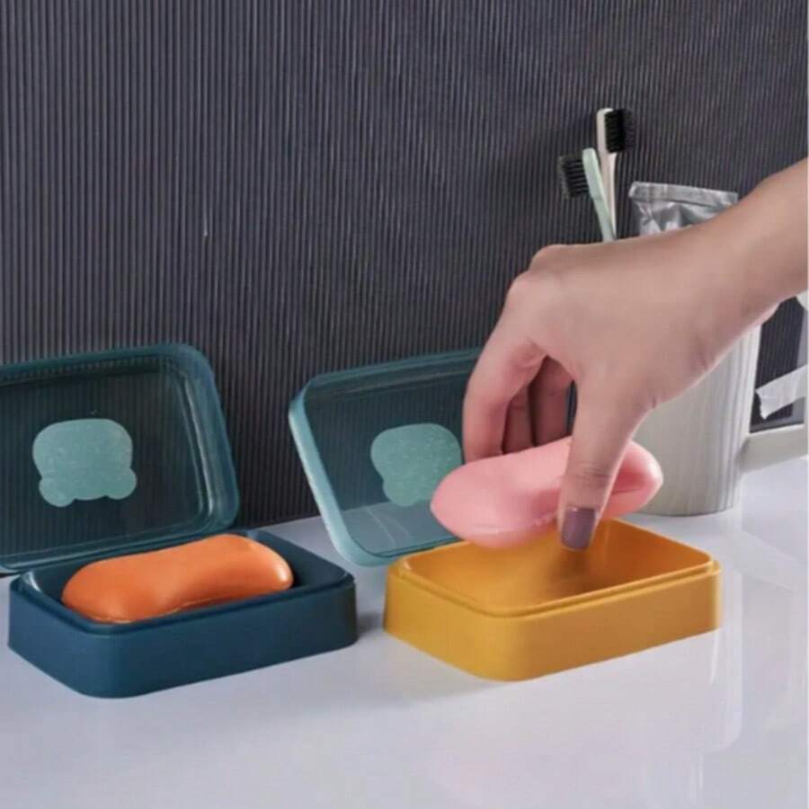 1 pieza Plato de jabón creativo con diseño de drenaje - Soporte de jabón de plástico transparente rectangular, organizador de baño ahorra espacio para el hogar, dormitorio, balcón