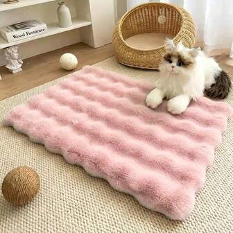 粉色人造毛皮地毯，柔软卧室地毯，蓬松客厅地毯，宿舍装饰地毯，可水洗地毯，豪华长毛宠物床，适合小型至大型犬 - 柔软、保暖、四季皆宜