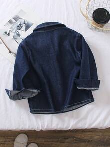 Young Boys' Denim Shirt, Fashion New Neutral Simple Versatile Style, Dark Blue Collar Long Sleeve Patch-Up Casual Outerwear