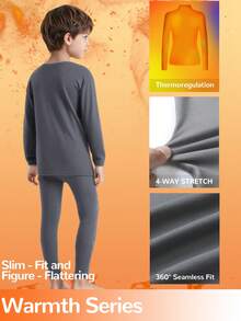 Tween Boys' Thermal Underwear Set (8Y-12Y / 120cm-160cm) - Round Neck Long Sleeve Top & Pants, Grey | Thermal Lined, Ultra Warm & Breathable | Slim Fit For Home Play, School Runs, Ski Trips | Anti-Static, Quick-Dry | Winter/Christmas Essential