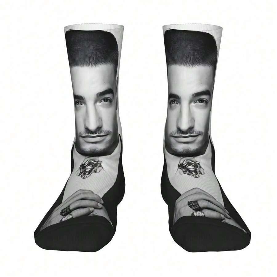 Maluma Men'S Fashion Socks - Black & White Contrast Design With Bold "MALUMA" Print, Comfortable Polyester Blend, Perfect For Casual Attire, Home & Outings, Stylish And Durable, Everyday Socks | Bold Print Socks | Knit Construction, Cute Socks - 彩色 - 查看 1