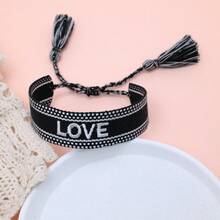 1 pieza Pulsera trenzada con borlas, bordada a mano con carta de amor, estilo bohemio - Negro - Ver 3