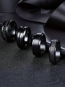 4pcs Fashionable Stainless Steel Single Loop Black Embossed Matte Decoration Everyday Wear For Men - Black - View 21