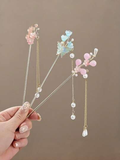 1pc Floral Print Retro Elegant Zinc Alloy Chinese Style Tassel Hair Clip, New Chinese Classical Hanfu Hairpin, Versatile Headpiece For All Seasons