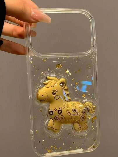 Cute Golden Horse New Chinese Style Creative Gold Foil Lucky Horse Transparent Phone Case Compatible With IPhone 17 17 Pro 17 Pro Max, Resin Shockproof Phone Case Compatible With IPhone 16 15 14 13 12 11 Pro Max Plus Pro, 3D Fashion Personalized Holiday Gift, New Year Gift