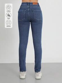 Women's Lightly Stretchy And Pocketed Long Straight Design Skinny Jeans - Navy Blue - View 9