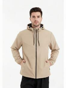 Men's Windbreaker Jacket – Lightweight, Water-Repellent, Lined Hood, Sizes M, L, XL - Beige - View 2