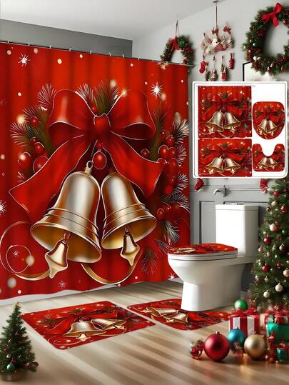 1pc/4pcs Waterproof Christmas Bathroom Shower Curtain Set With 12 Hooks, Non-Slip Toilet Seat Bath Mats And Rugs, Polyester Fabric, Washable Curtain For Windows, Bathroom Accessories