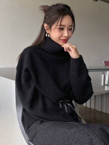 1pc Teen Girls Casual Loose Solid Color Turtleneck Pullover Sweater, Thick Knit, Versatile Layering Piece, Suitable For Spring, Autumn, Winter - Black - View 4