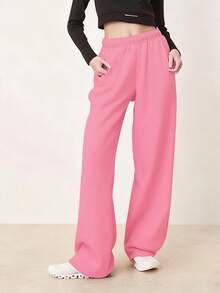 Women's Track Pants Elastic Waist Solid Color Causal Comfy Wide Leg Lounge Trousers With Pockets Straight Leg Baagy Pants Loose Fall Barrel Cute Y2k Going Out Outfits Streetwear - 粉色 - 查看 3