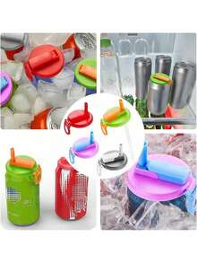 4个可重复使用的软饮料罐盖，带吸管，适用于直径2.13英寸的罐子，硅胶吸管，适用于标准罐装饮料、啤酒、果汁、汽水，易于使用，防漏，派对用品，送朋友的礼物，生日礼物，情人节礼物。 - 彩色 - 查看 5