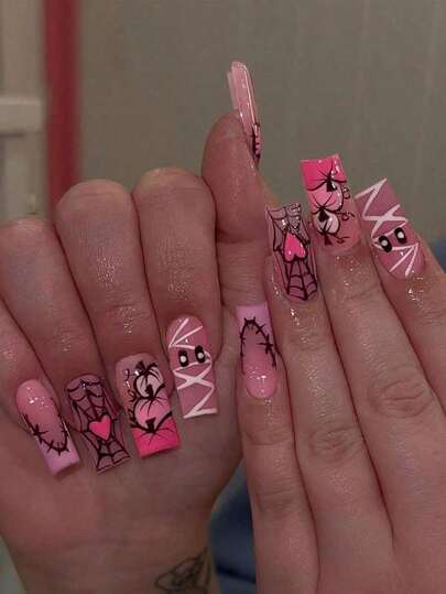 24 Pieces/Set Of Selected High-Quality Handmade Acrylic Press-On Nails, Medium-Length Coffin-Shaped Nails - Halloween Is Coming, Factory Direct - One Piece Is Shipped Randomly, Halloween Nails, Gothic Style Nails, Punk Nails, Ghoul Zombie Bandage Style, Metal Spider, Skull, Bat Pattern, Hand-Carved Pumpkin Lantern, Spider Web, Ghost Face, False Nails, Gradient Styles Of Different Lengths, Pink Gradient, Jelly Nails, Glossy Coffin-Shaped False Nails, Blue Gradient 3D Press-On Nails (With Butterfly Pearl 3D Decoration), Solid Color Cat Eye Press-On Nails, Glitter False Nails For Short Nails, Oval Nails, Detachable False Nails, Nail Art Supplies Nail Art, Suitable For Parties, Dances, Daily Wear, Student Gatherings, Reusable Press-On False Nails, Comes With 1 Adhesive Sheet And 1 Mini File (Randomly Shipped);