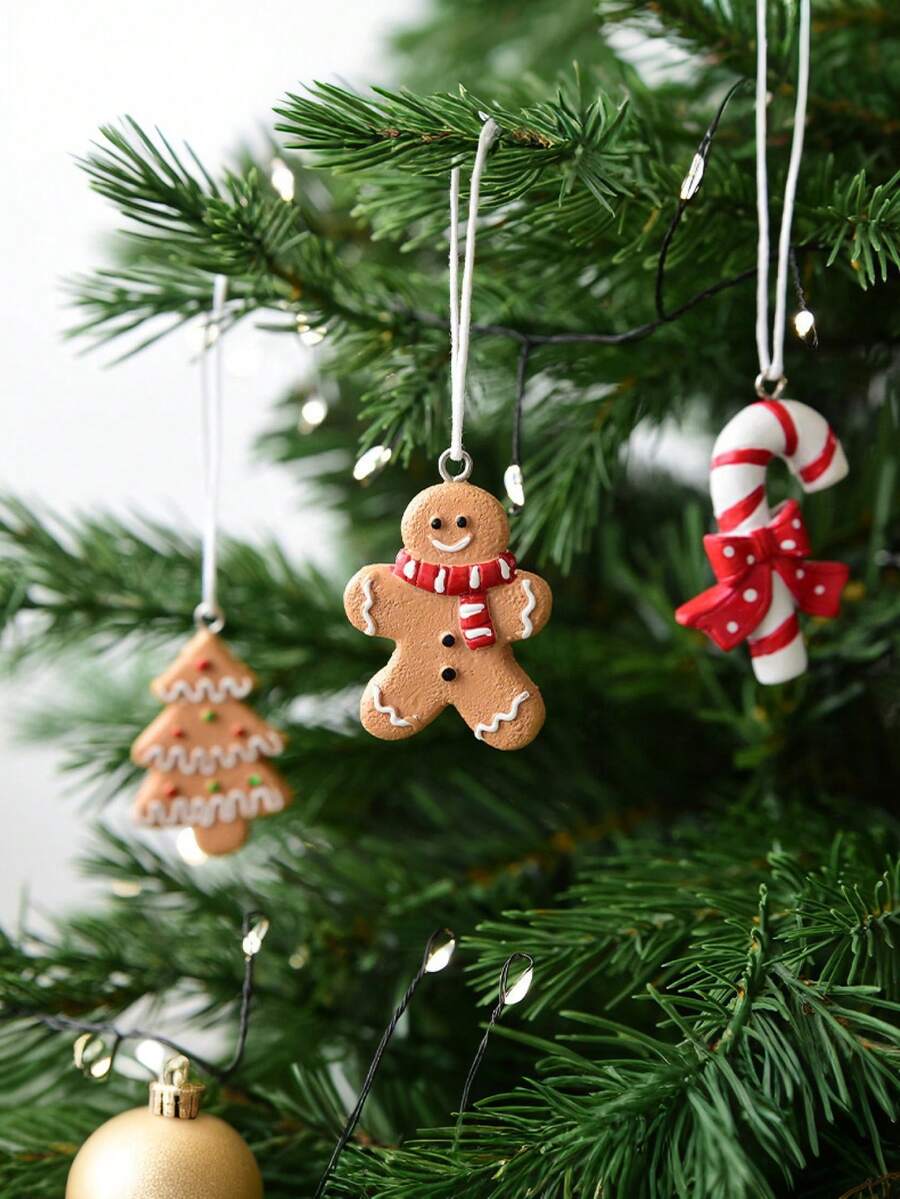 4 piezas de adornos colgantes de resina con diseños de hombrecillo de jengibre y árbol de Navidad, decoraciones de árbol de Navidad con bastón de caramelo para fiestas navideñas en interiores, regalos y decoraciones