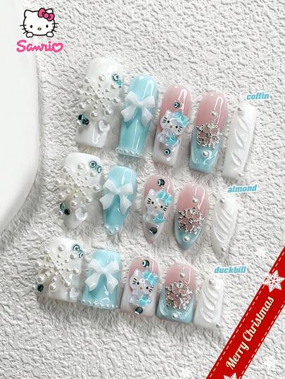 Sanrio مجموعة أظافر زرقاء بيضاء سانريو 10 قطع، أظافر مطبوعة ثلاثية الأبعاد لهالو كيتي وسينامورول، ملصقات أظافر فرنسية مصنوعة يدويًا، أظافر صناعية بيضاء مزينة بالثلج، سحر أظافر بشكل قلوب وفيونكات، زيت أظافر بيضاء، جل أظافر زرقاء، متوفرة بثلاثة أحجام، أظافر لوز وبطة وتابوت، تأتي مع أدوات الأظافر (ورقة ملصقات جيلي + مبرد أظافر)، مناسبة للحفلات وعيد الميلاد والاستخدام اليومي العادي