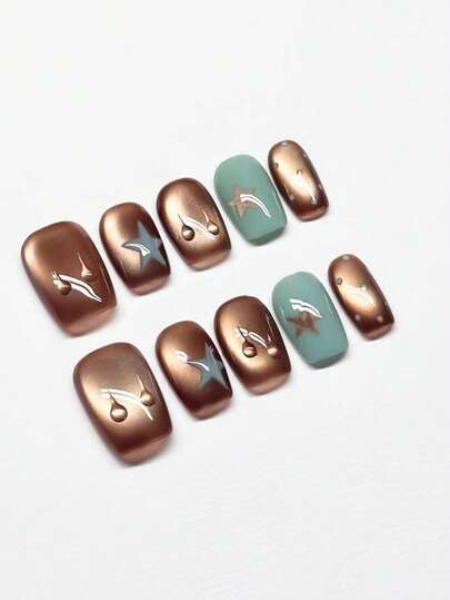 Lot de 10 autocollants pour ongles haut de gamme, couleur vert/marron, motifs gouttes et étoiles, faits main, style patch, courts et à la mode, à la mode et ludique, pour les fêtes, les soirées dansantes et le quotidien. Réutilisables, 4 tailles au choix, pour filles et femmes, représentations sur scène, festivals, fêtes, mariages, usage quotidien. Cadeau idéal.