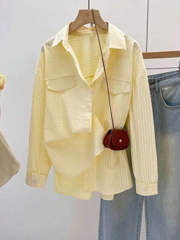 Blusa elegante de mujer de manga larga de un solo pecho con estampado de rayas amarillo mantequilla para vacaciones casuales de otoño e invierno, moda de playa elegante para el Día de Acción de Gracias y el Año Nuevo