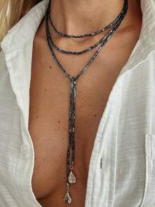 1 件几何串珠不对称圆形吊坠流苏饰物长项链，时尚别致，适合休闲、街头风格、旅行、婚礼、约会、女士生日、节日、多功能珠宝礼物