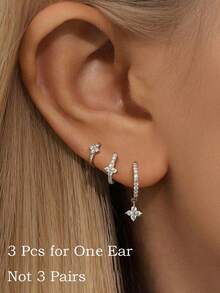 3 piezas Conjunto de pendientes de aro con flor de CZ diminuta apilables para mujeres, pendientes de aro pequeños y delicados para múltiples perforaciones, pendientes de flor de circonita preciosa abrazadera, color plateado, ligeros e hipoalergénicos para cartílago, lóbulo, hélice, joyería para mujeres y niñas